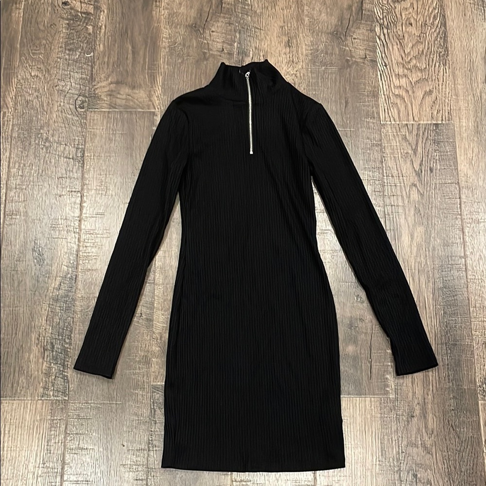 Black Long Sleeve Knit Ribbed Dress